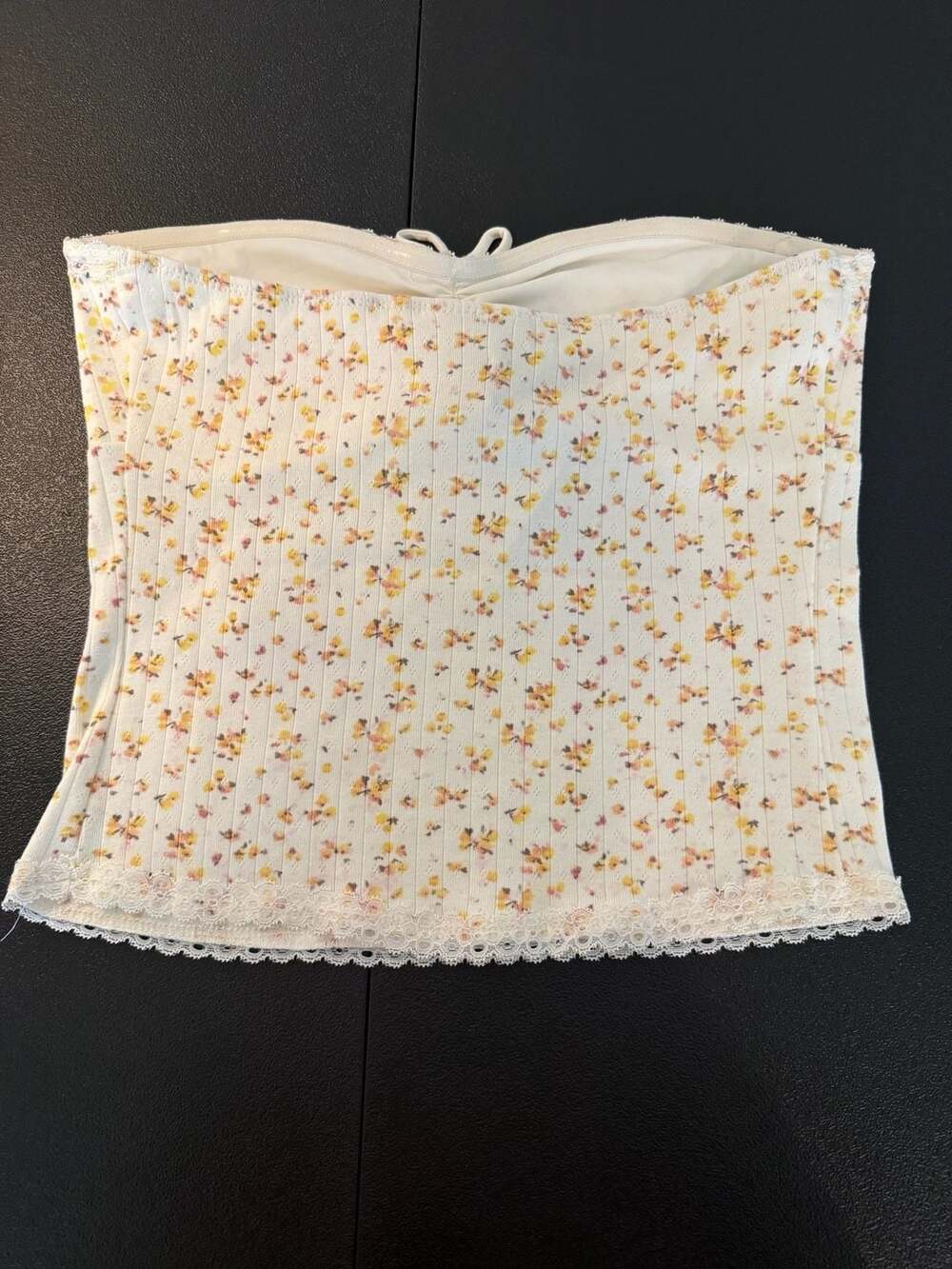 Just Polly New York Floral Print Ribbed Bandeau Top with Front Tie and Lace Trim - Picture 2 of 6